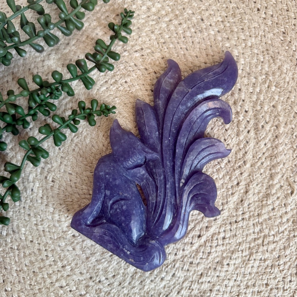 7" Lepidolite Nine‑Tailed Fox | Hand Carved | Crystal Figurine Carving